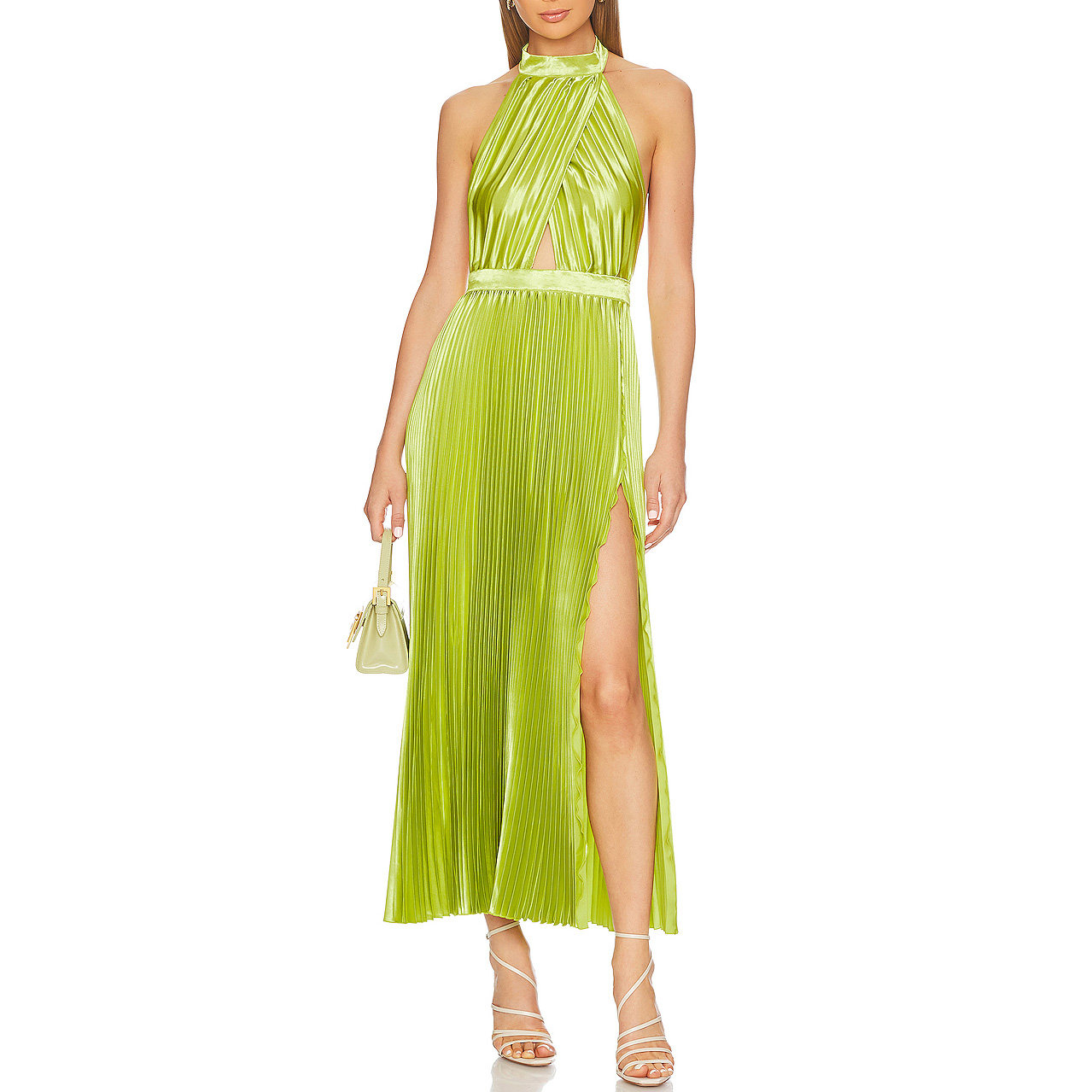 ELEGANT GREEN HALTER COCKTAIL EVENING GOWN HIGH SPLIT PLEATED MIDI DRESSES FOR WOMEN